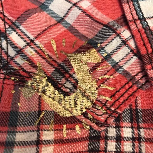 Y2k True Religion Fresh Peach Plaid Button Down Shirt Western Styling Gold Logo - Picture 8 of 16